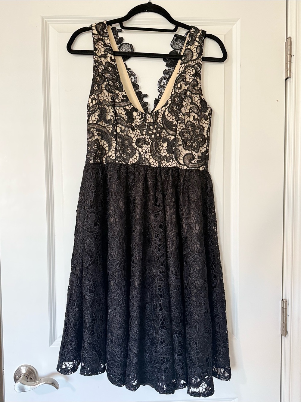 Elegant Black Lace Fit-and-Flare Dress with Nude Lining